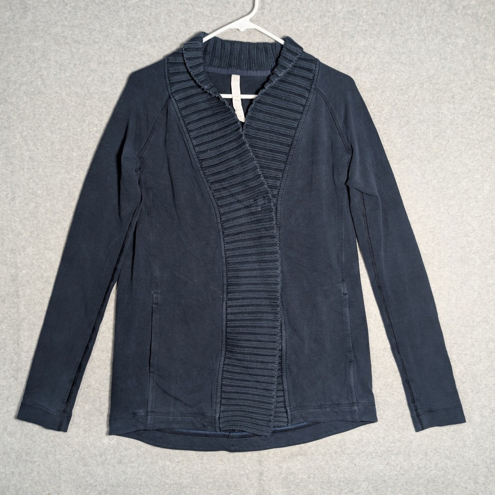 Lululemon Cardigan Wrap Women 6 Navy Blue Ribbed Knit Shawl Collar Thumbholes